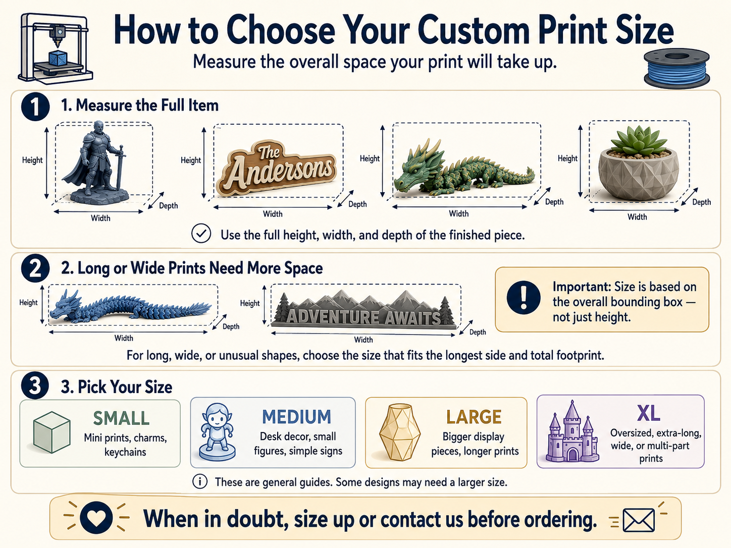 Custom 3D print size guide explaining how to measure the overall size of a print using its full height, width, and depth and how to choose Small, Medium, Large, or XL.