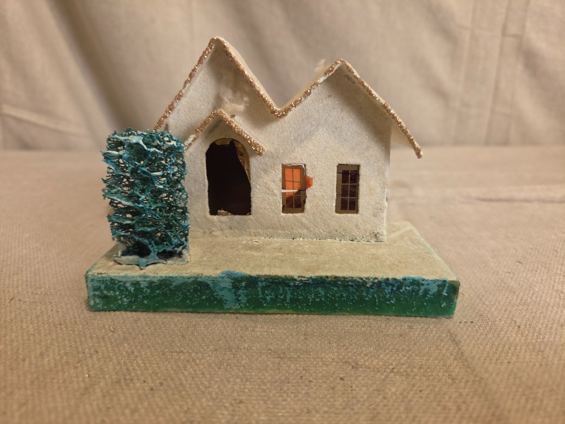 Vintage Japanese Cardboard Putz Christmas House with Tree and Glitter