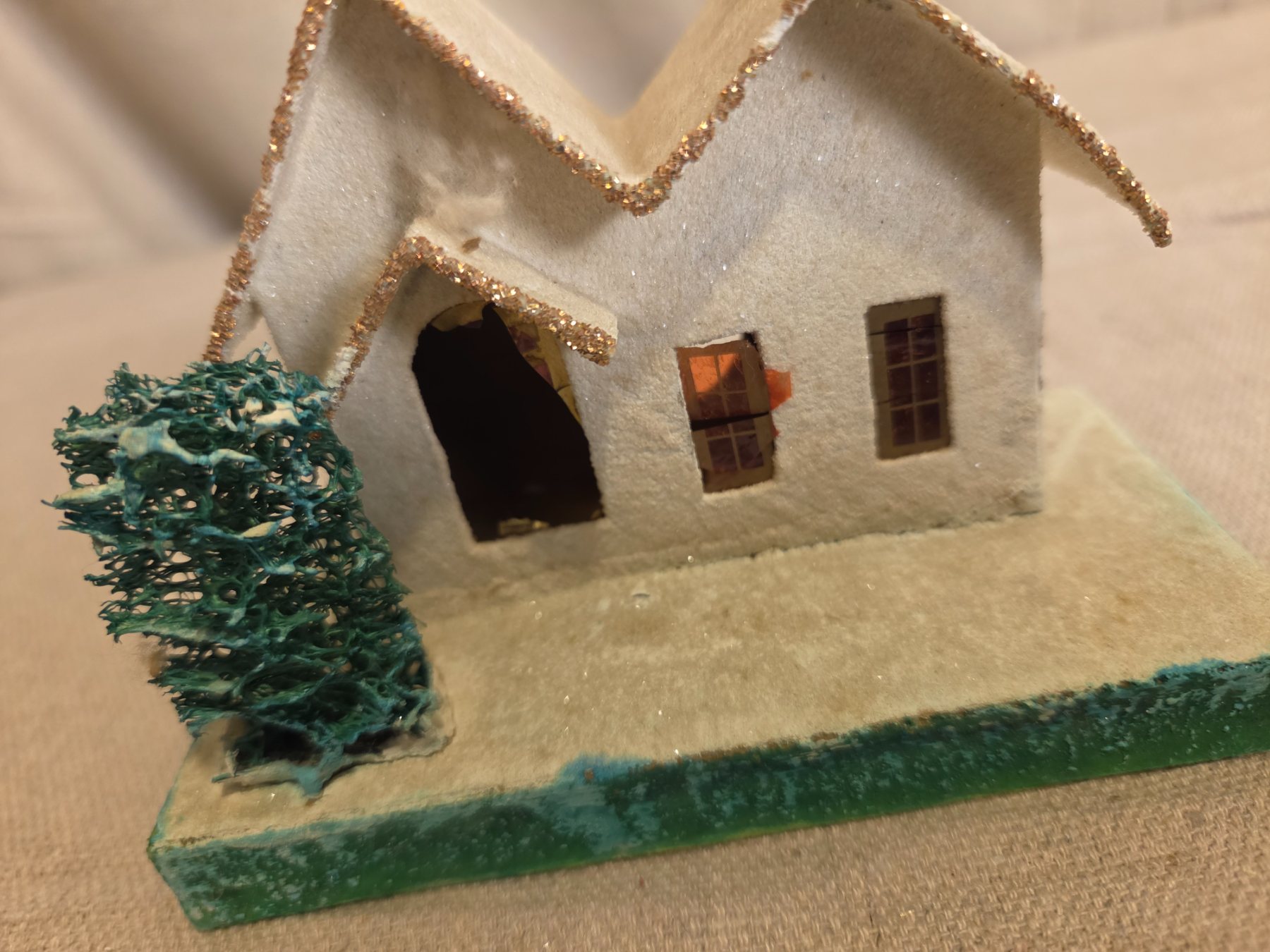 Vintage Japanese Cardboard Putz Christmas House with Tree and Glitter - Image 2