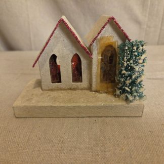 Vintage Christmas Putz House Paper Mache with Glitter and Tree Japan