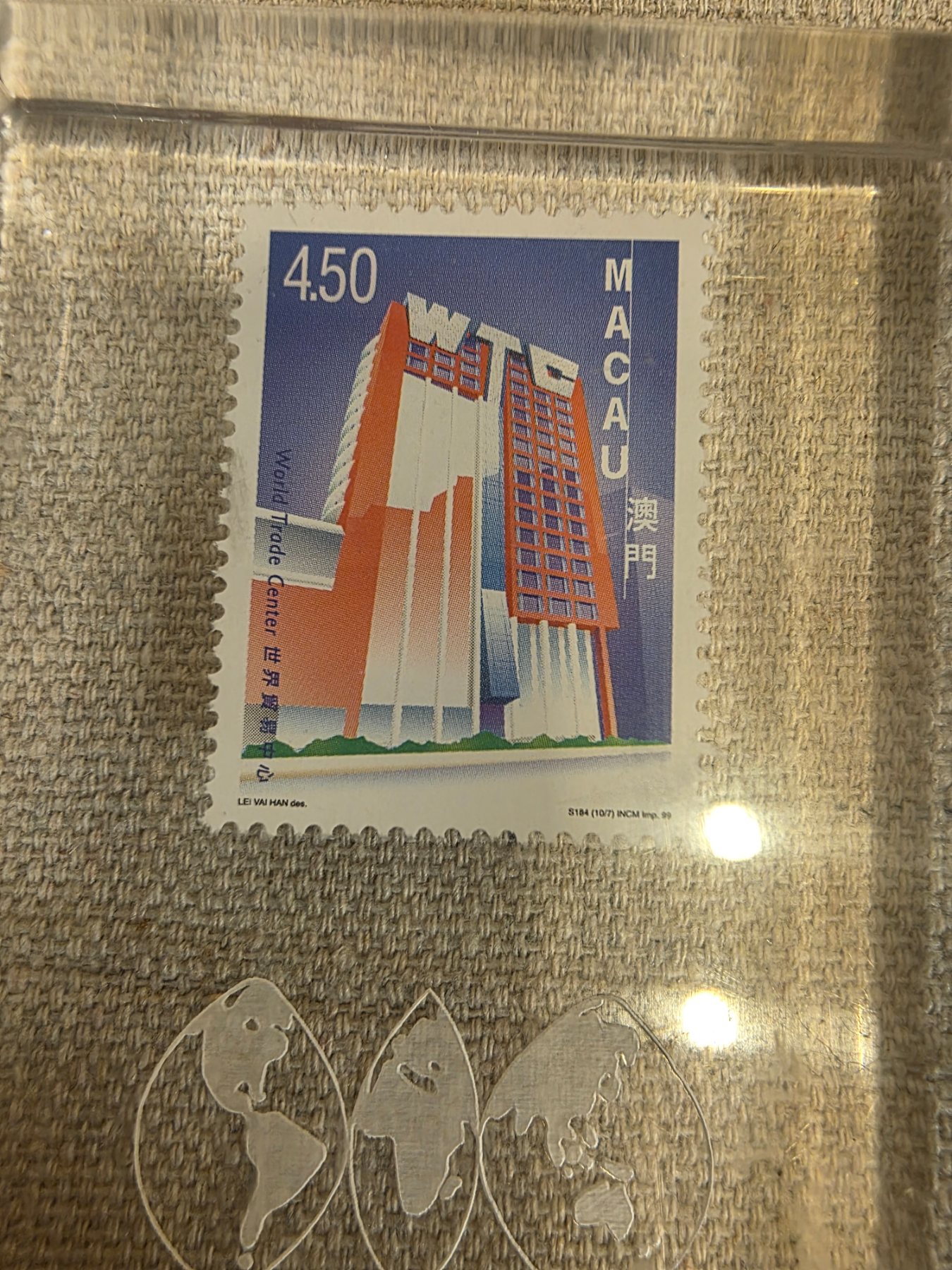 World Trade Center Macau Lucite Paperweight with Stamp Vintage - Image 2