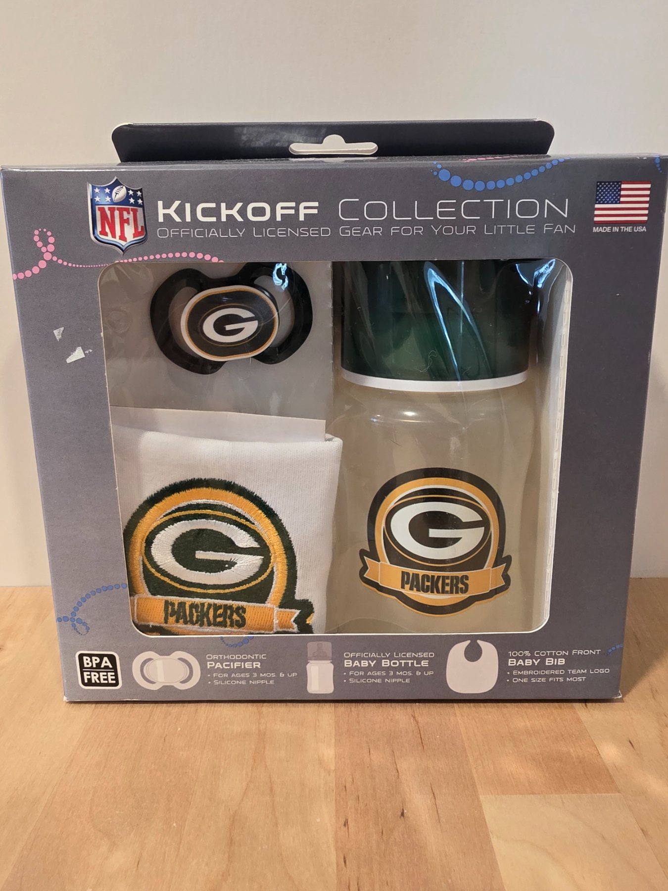 NFL Green Bay Packers Kickoff Collection 3pc Baby Gift Set Bottle Bib Pacifier