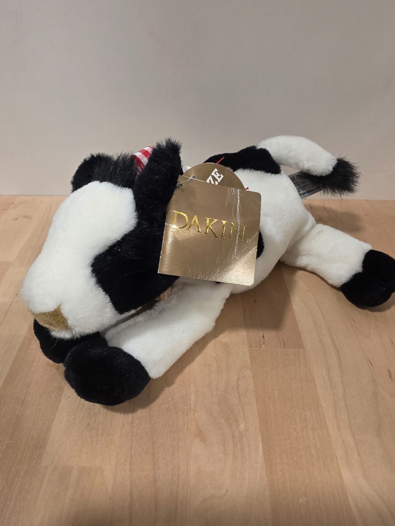 Vintage Dakin Plush Black White Cow Stuffed Animal with Bell and Tag