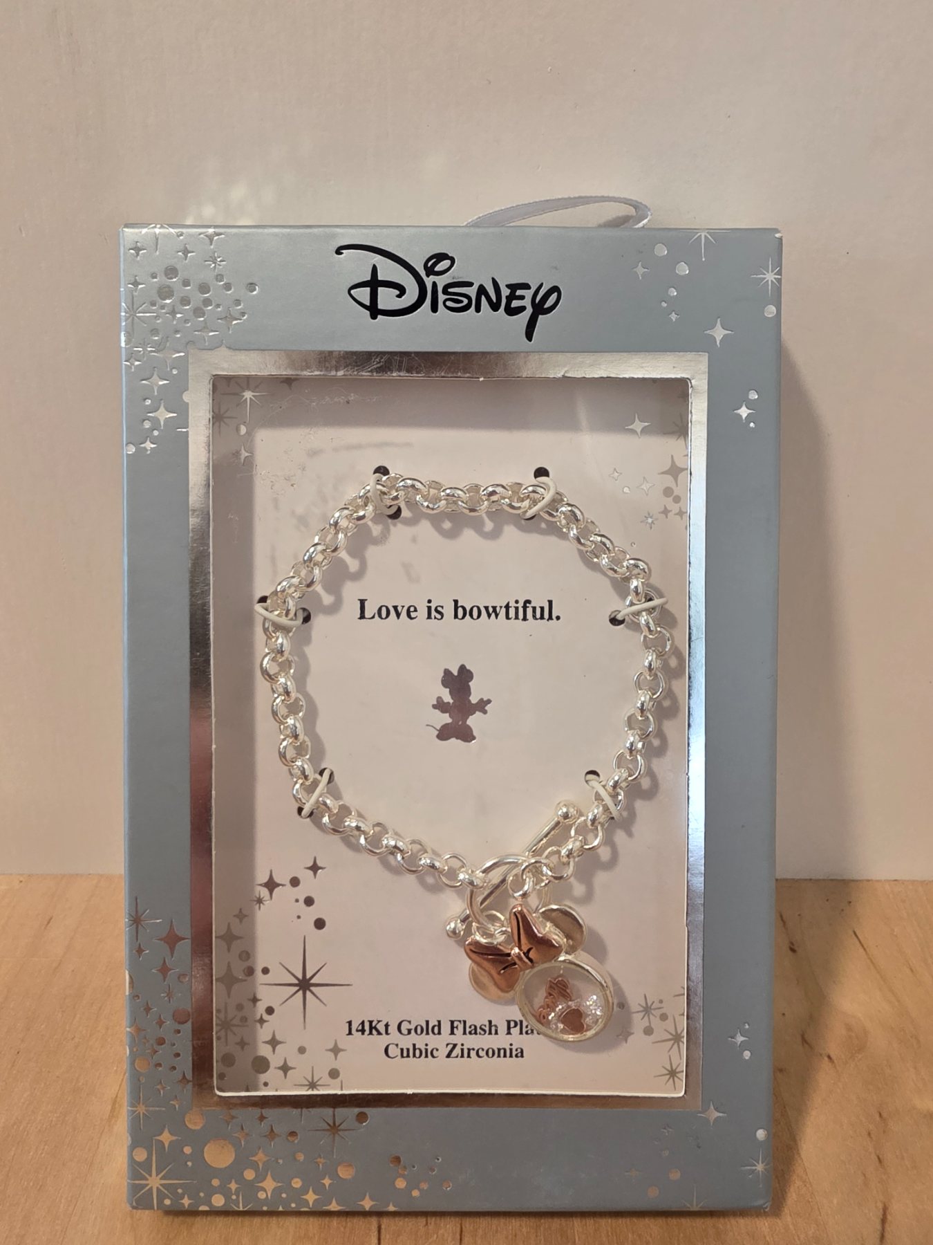 Disney Minnie Mouse Love Is Bowtiful 14K Gold Flash CZ Charm Bracelet