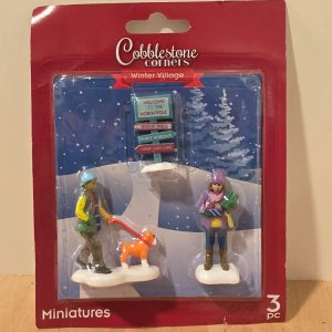 Cobblestone Corners Winter Village 3 Pc Miniatures Dog Walker North Pole Sign