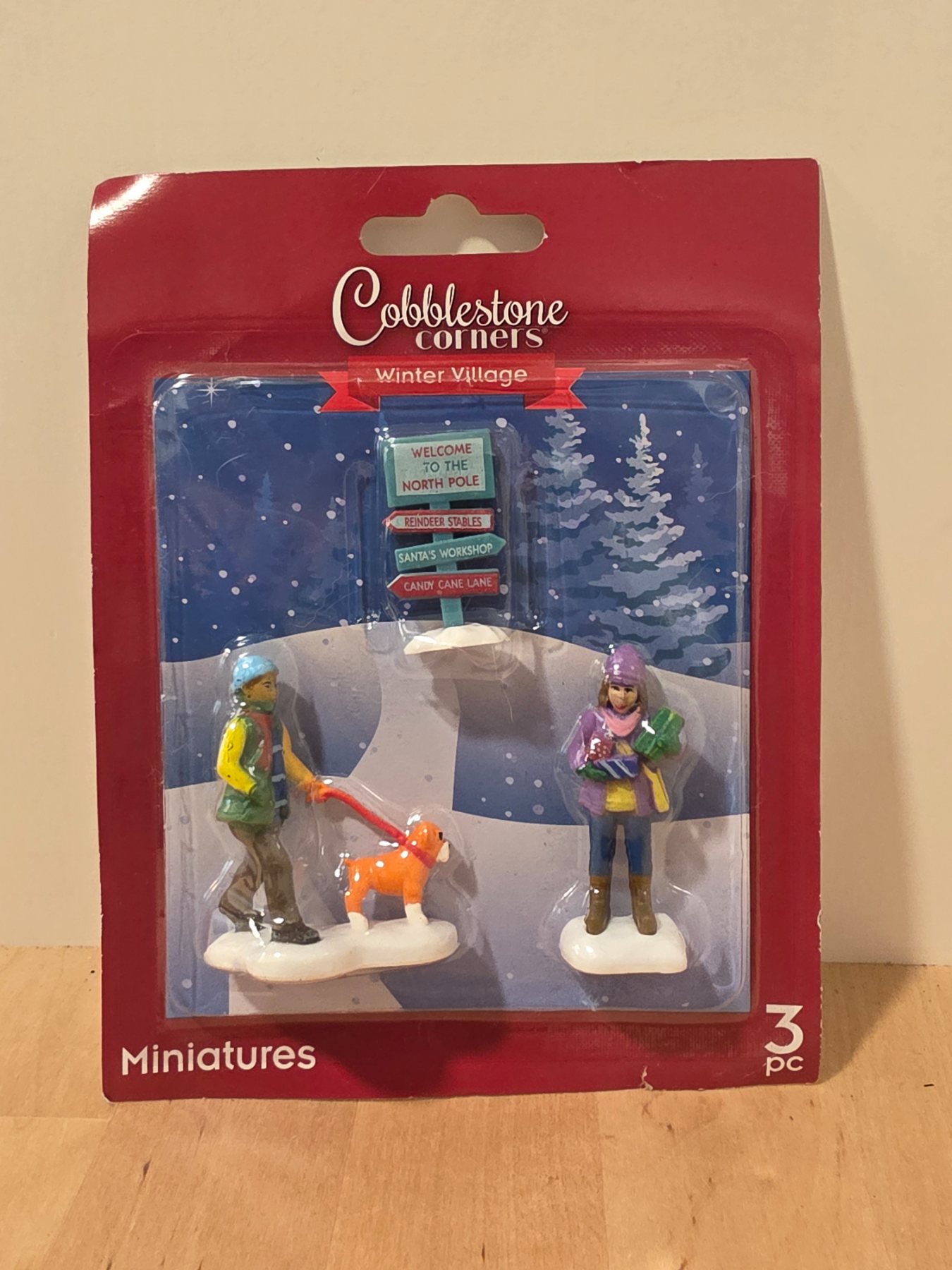 Cobblestone Corners Winter Village 3 Pc Miniatures Dog Walker North Pole Sign