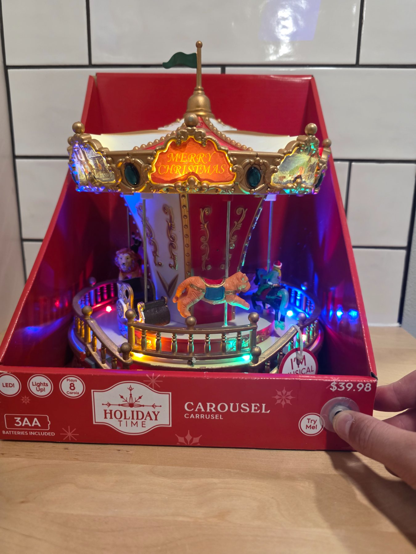 Holiday Time Light Up Musical Christmas Carousel 8 Carols Battery Operated