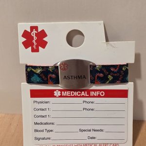 Asthma Medical Alert ID Bracelet Dinosaur Print with Medical Info Card