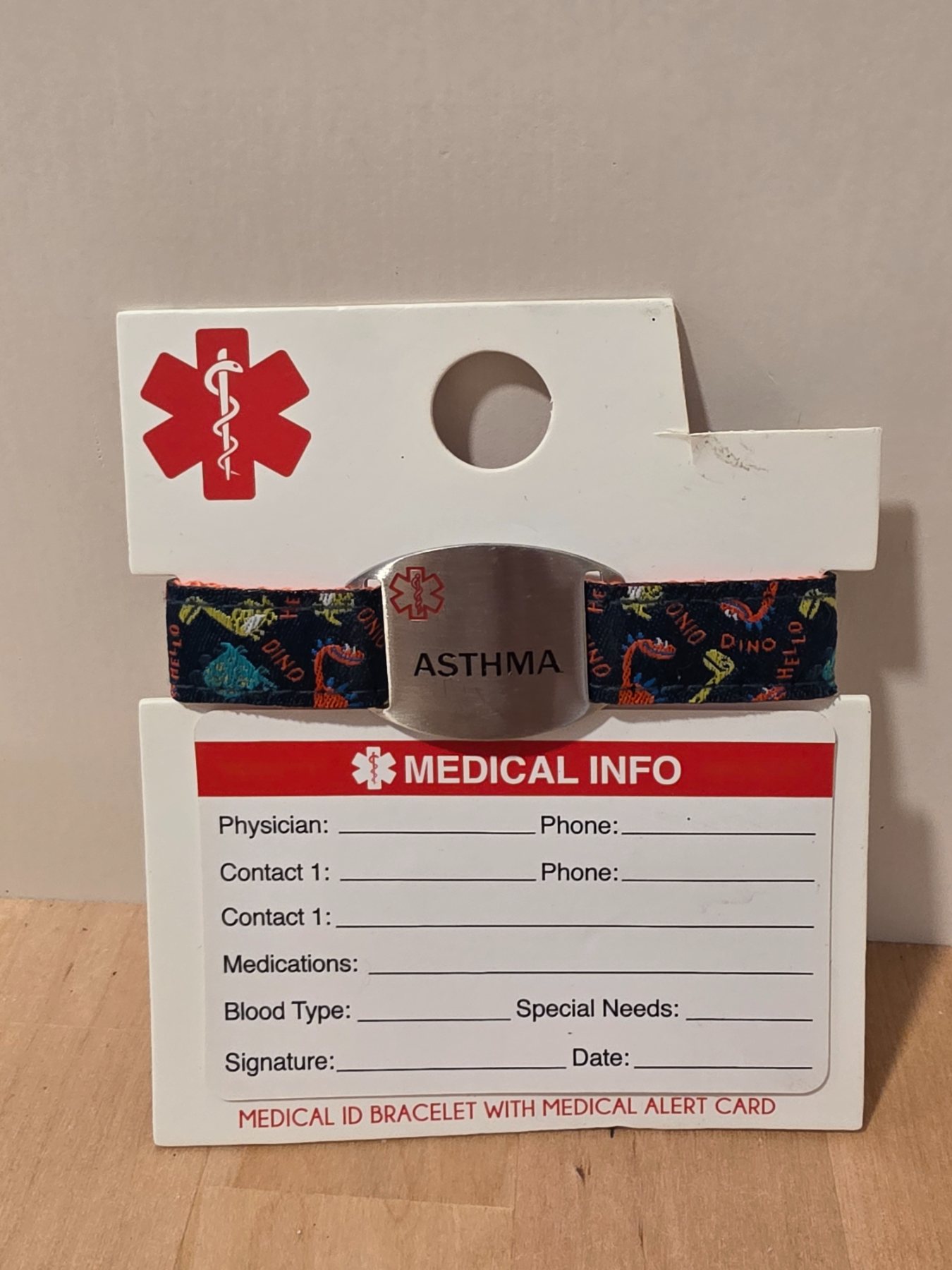 Asthma Medical Alert ID Bracelet Dinosaur Print with Medical Info Card