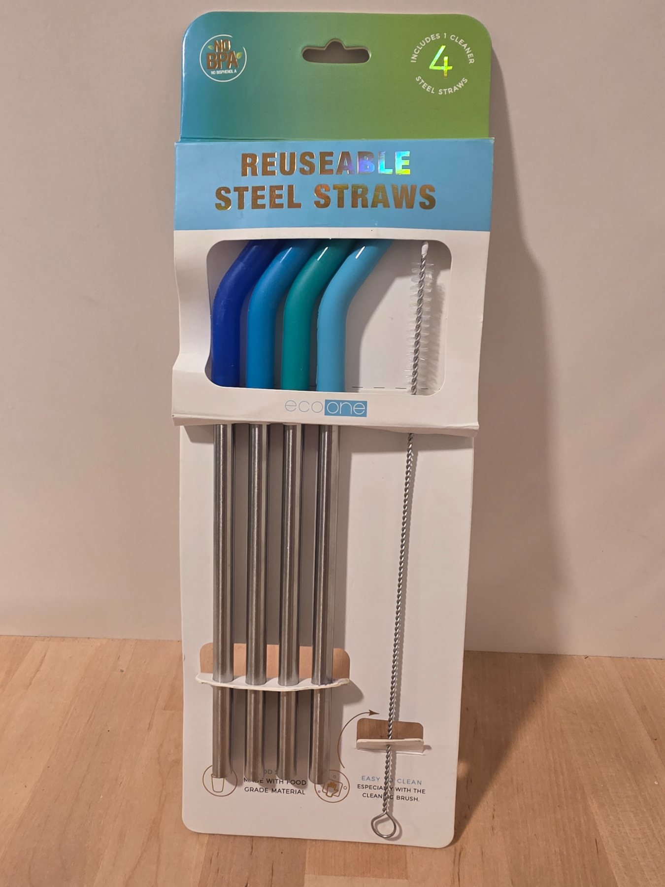 Eco One Reusable Steel Straws 4 Pack Silicone Tips Cleaning Brush