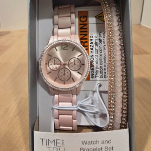 Time and Tru Women's Pink Watch & Bracelet Set Crystal Accents