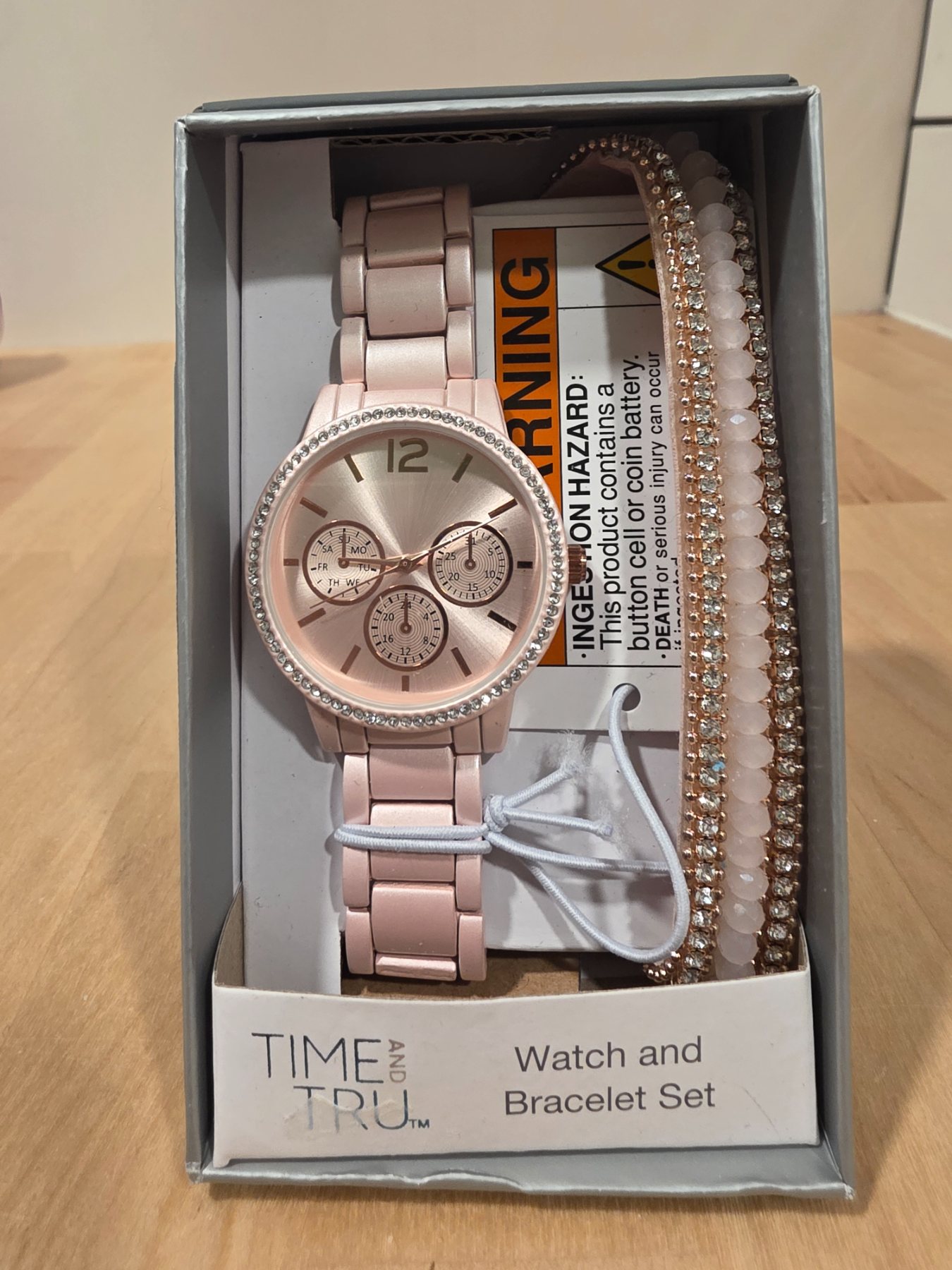 Time and Tru Women's Pink Watch & Bracelet Set Crystal Accents