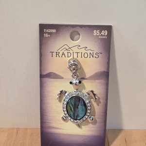 Traditions Shell Metal Turtle Pendant Blue Green Clear Stone Accents