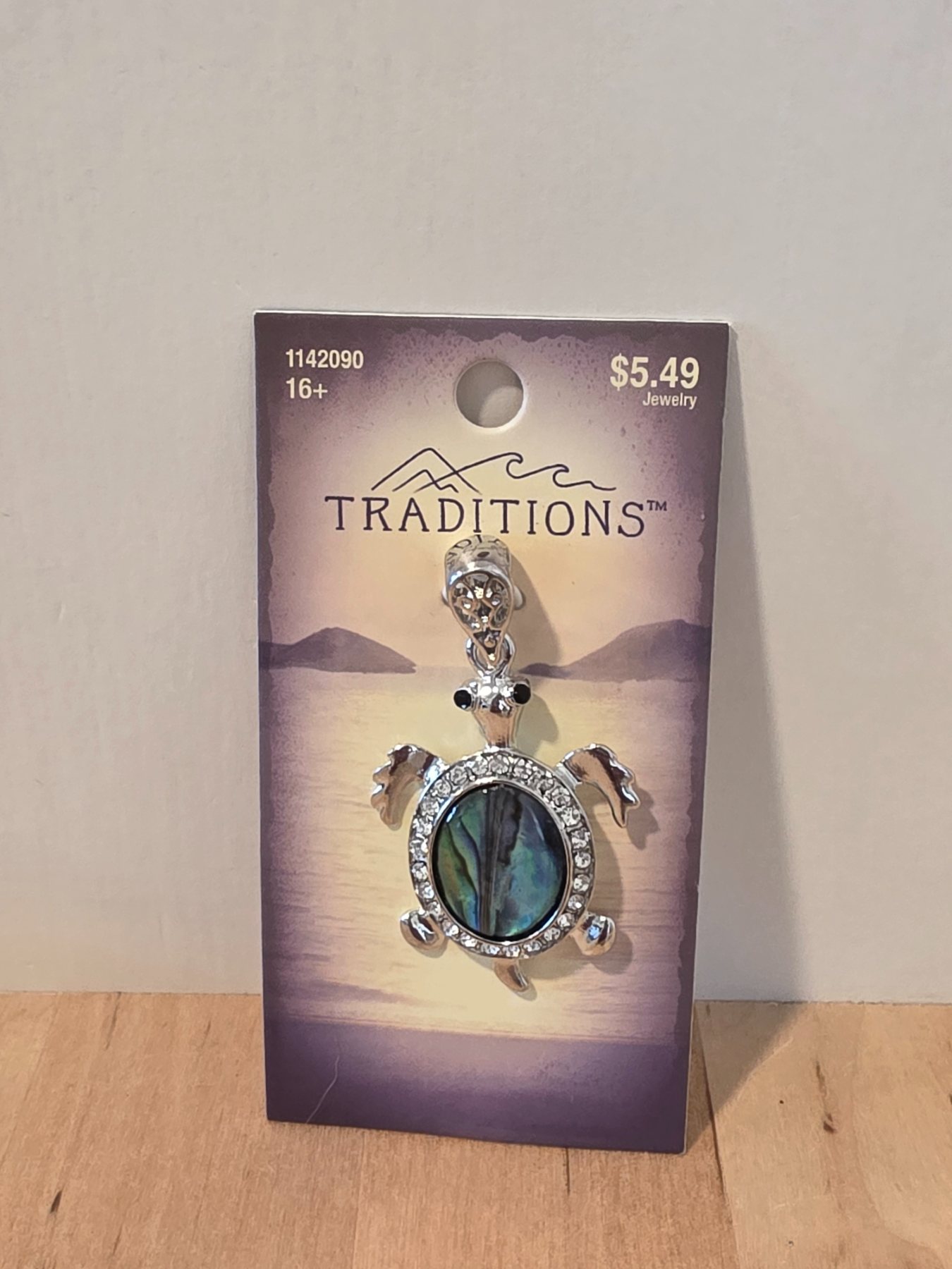 Traditions Shell Metal Turtle Pendant Blue Green Clear Stone Accents