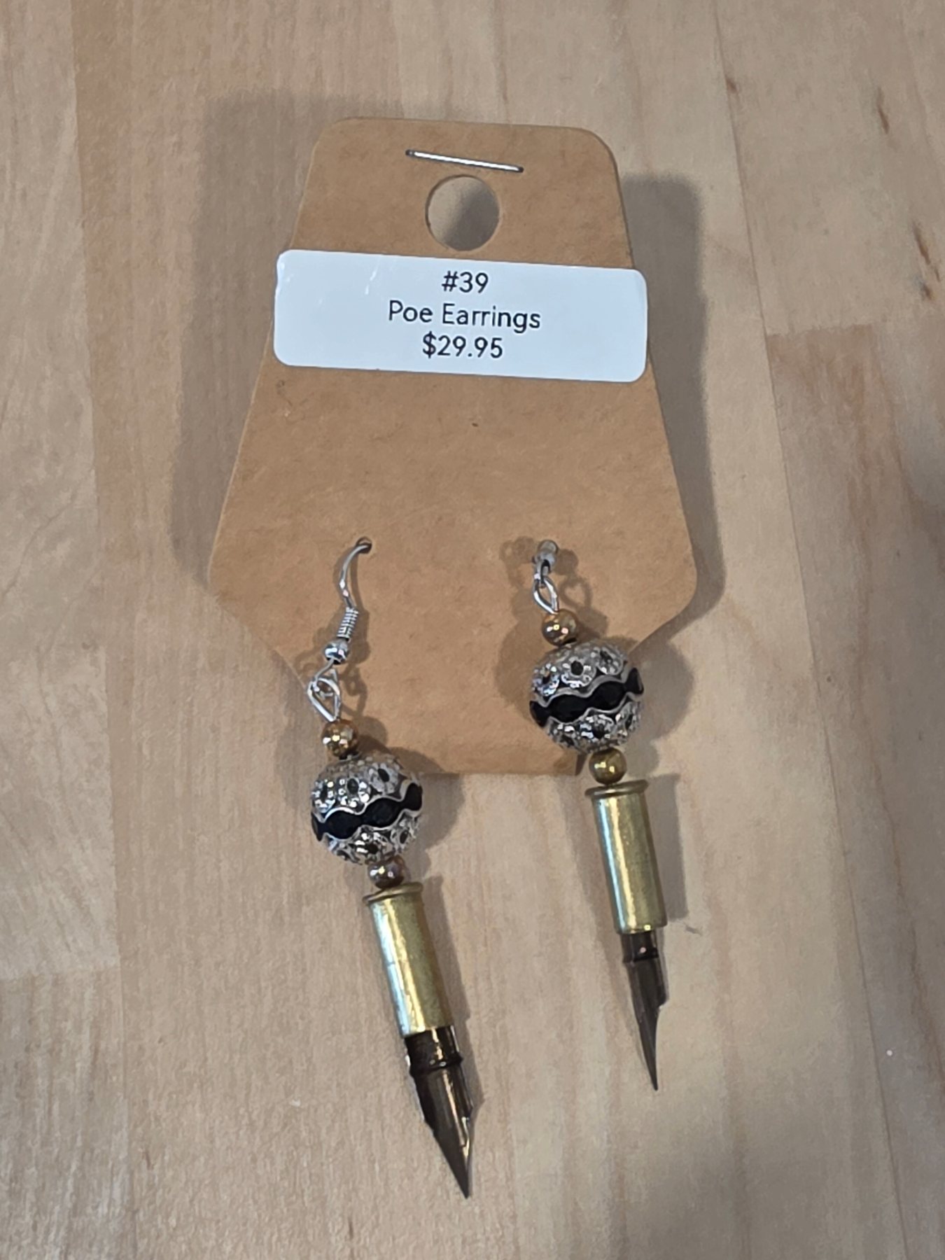 Bullet Casing Dangle Earrings Black Silver Tone Gold Tone Beadwork
