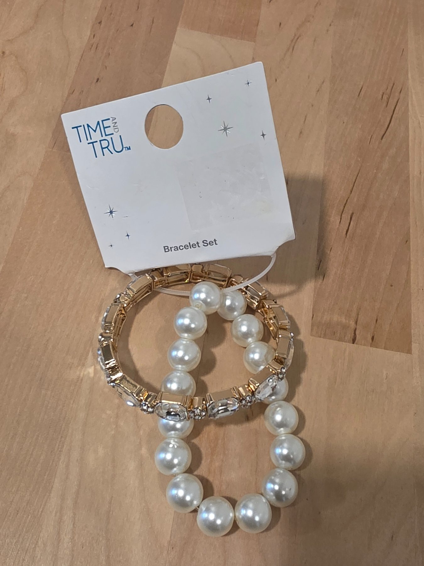 Time and Tru Gold Tone Rhinestone & Faux Pearl Stretch Bracelet Set