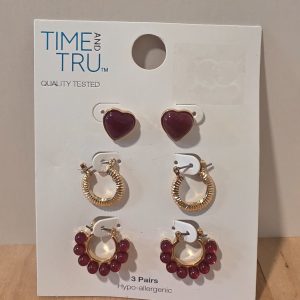 Time and Tru 3 Pair Burgundy Gold Tone Heart Hoop Earrings Set