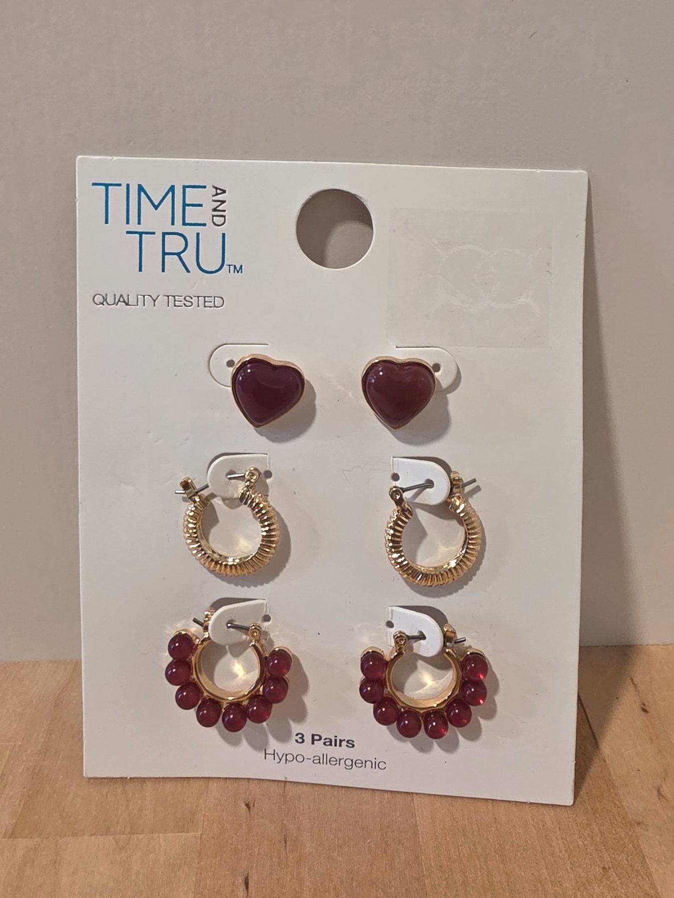 Time and Tru 3 Pair Burgundy Gold Tone Heart Hoop Earrings Set