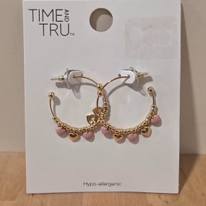 Time and Tru Gold Tone Pink Heart Charm Hoop Earrings