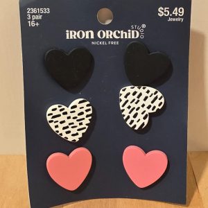 Iron Orchid Studio 3 Pair Heart Stud Earrings Pink Black Nickel Free