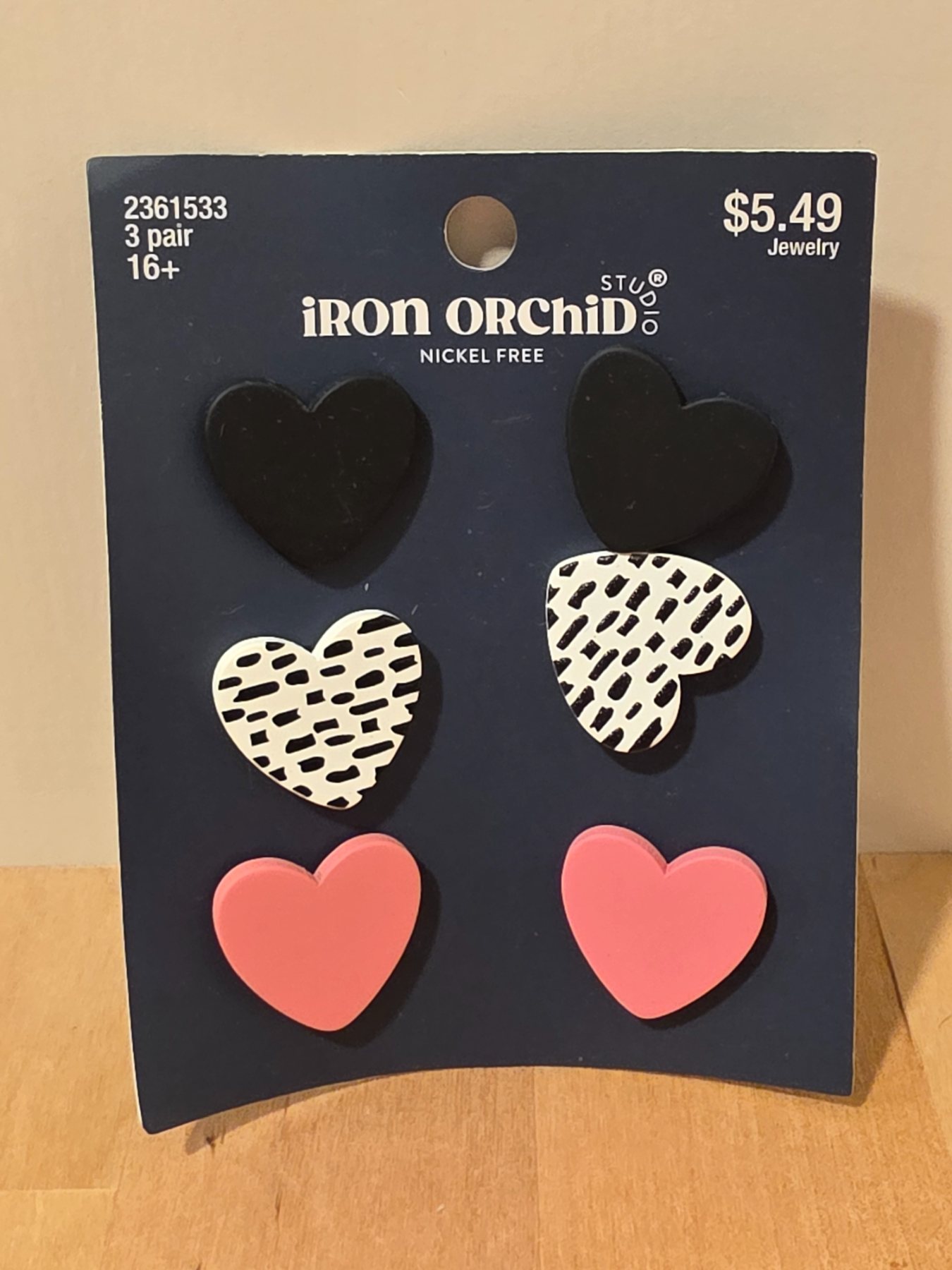 Iron Orchid Studio 3 Pair Heart Stud Earrings Pink Black Nickel Free
