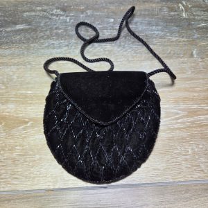 Black Beaded Velvet Evening Bag Cord Strap