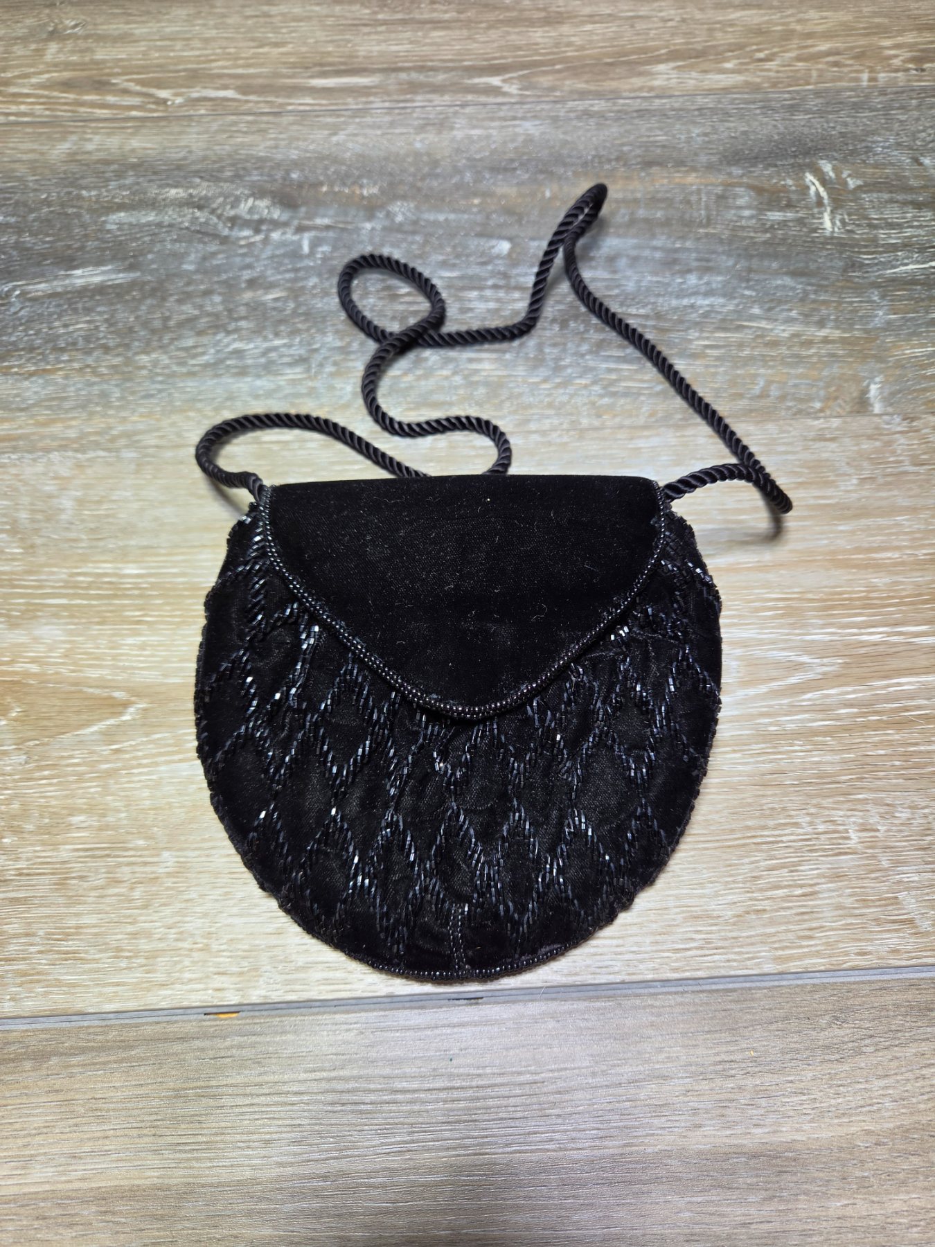 Black Beaded Velvet Evening Bag Cord Strap