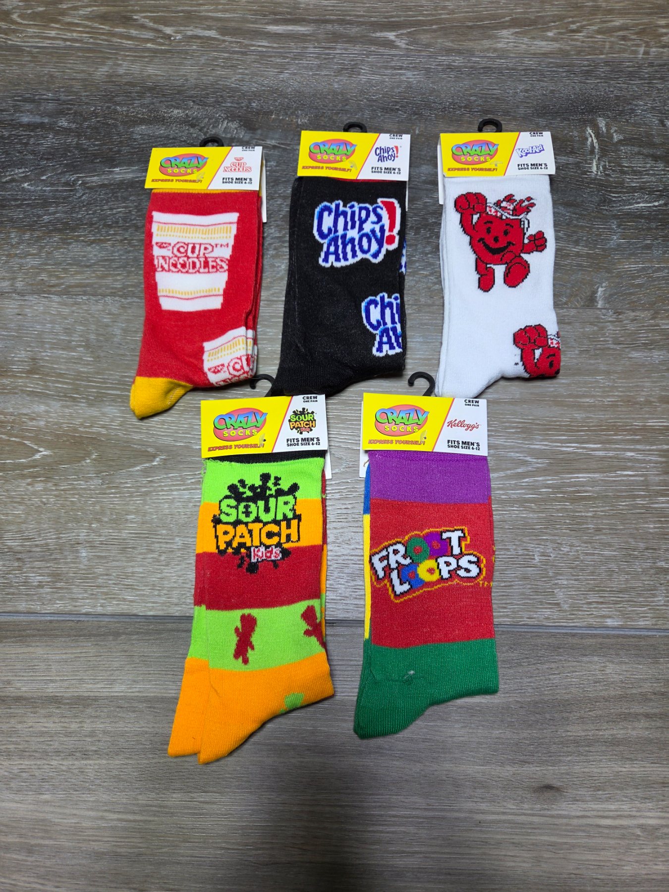 Crazy Socks 5 Pair Crew Sock Lot Food Logos Men's Shoe Size 6-12