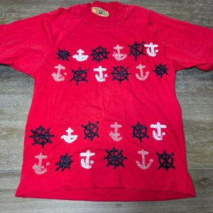 Vintage Gene Ewing BIS Nautical Anchor Beaded T-Shirt Womens S Red