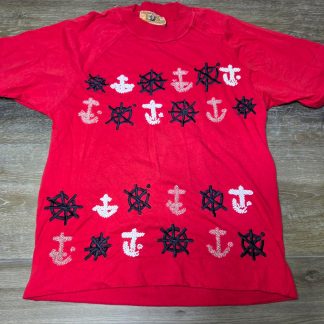 Vintage Gene Ewing BIS Nautical Anchor Beaded T-Shirt Womens S Red