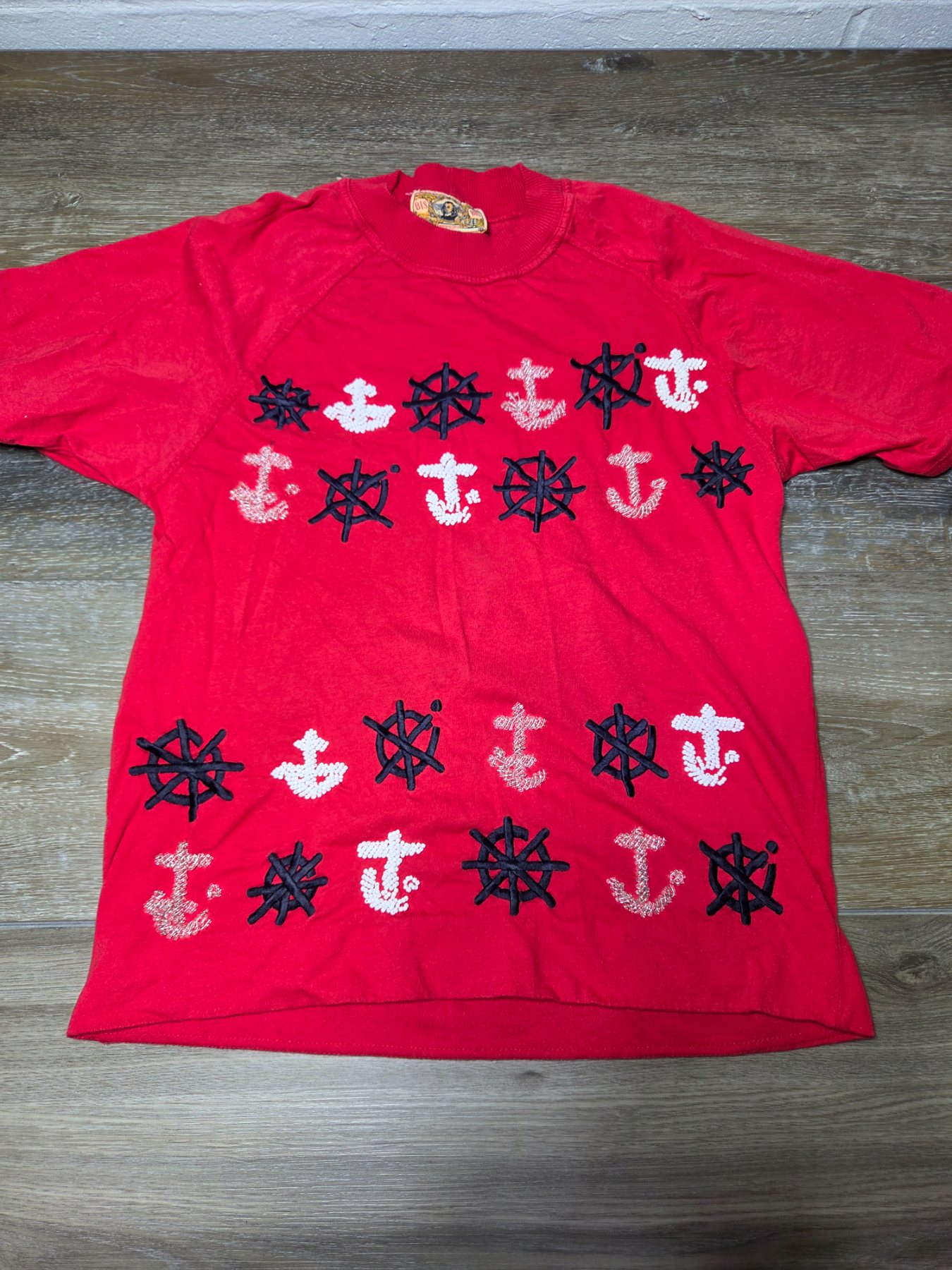 Vintage Gene Ewing BIS Nautical Anchor Beaded T-Shirt Womens S Red