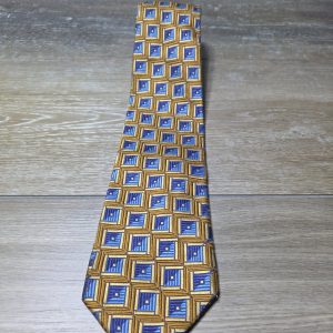 XMI Signature Men's Blue Gold Geometric Square Pattern Neck Tie