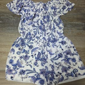 Womens Off Shoulder Floral Paisley Romper Size M Blue White