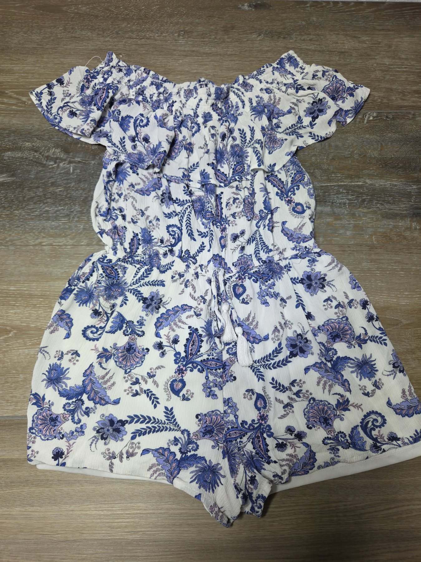 Womens Off Shoulder Floral Paisley Romper Size M Blue White