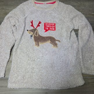 Holiday Time Dachshund Through the Snow Fleece Pullover Women's L Beige