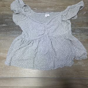 Japna Polka Dot Smocked Peplum Blouse Womens M Gray Ruffle Sleeve