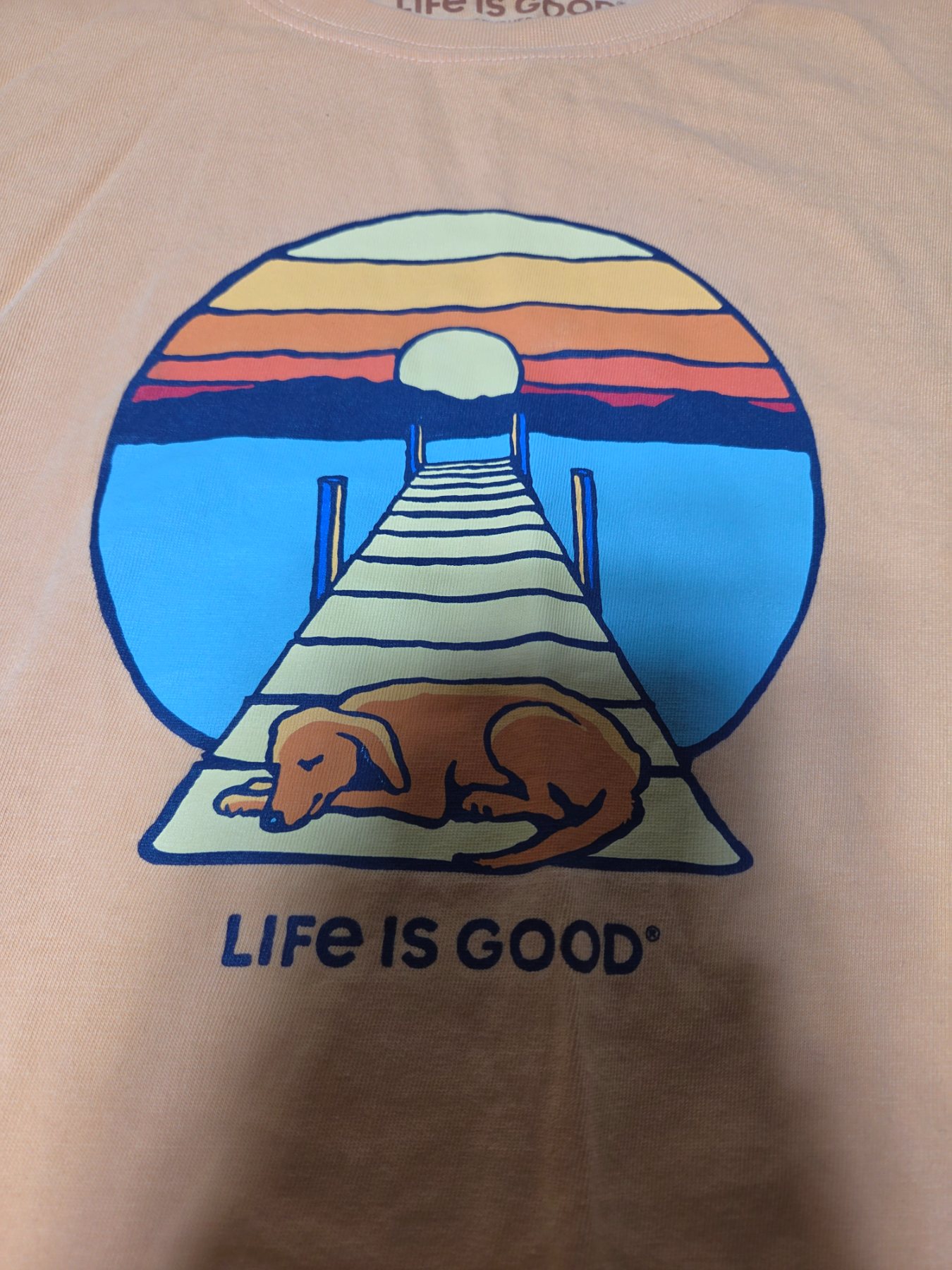 Life Is Crusher Dog Sunset Pier Graphic T-Shirt Men's XXL Peach - Image 2