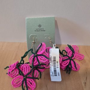 Atterri Pink Green Beaded Floral Dangle Drop Earrings