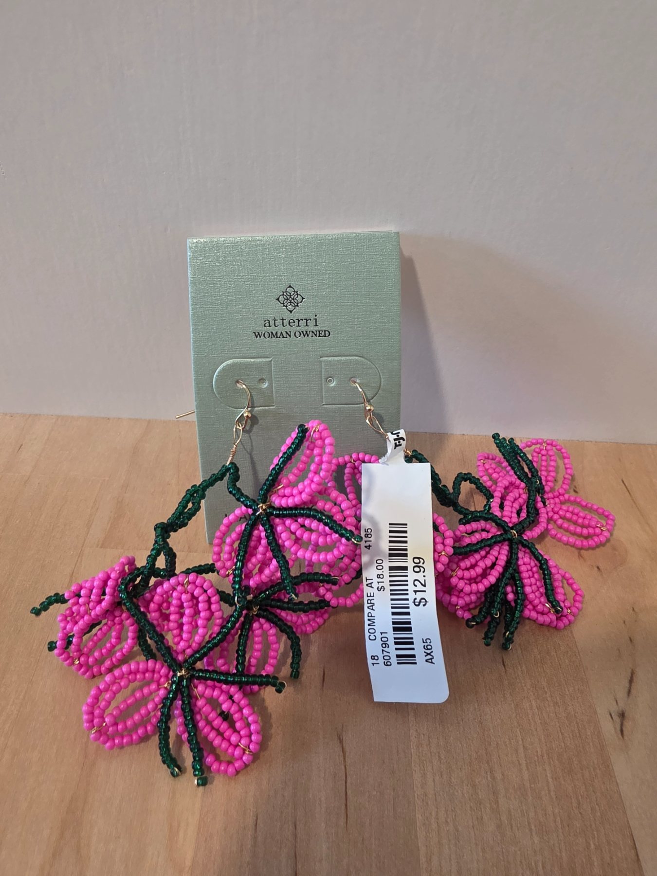 Atterri Pink Green Beaded Floral Dangle Drop Earrings