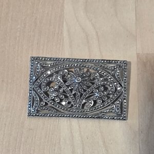 Sterling Silver Marcasite Floral Filigree Rectangular Brooch Pin Art Deco Style