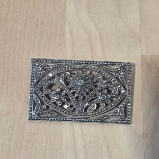 Sterling Silver Marcasite Floral Filigree Rectangular Brooch Pin Art Deco Style
