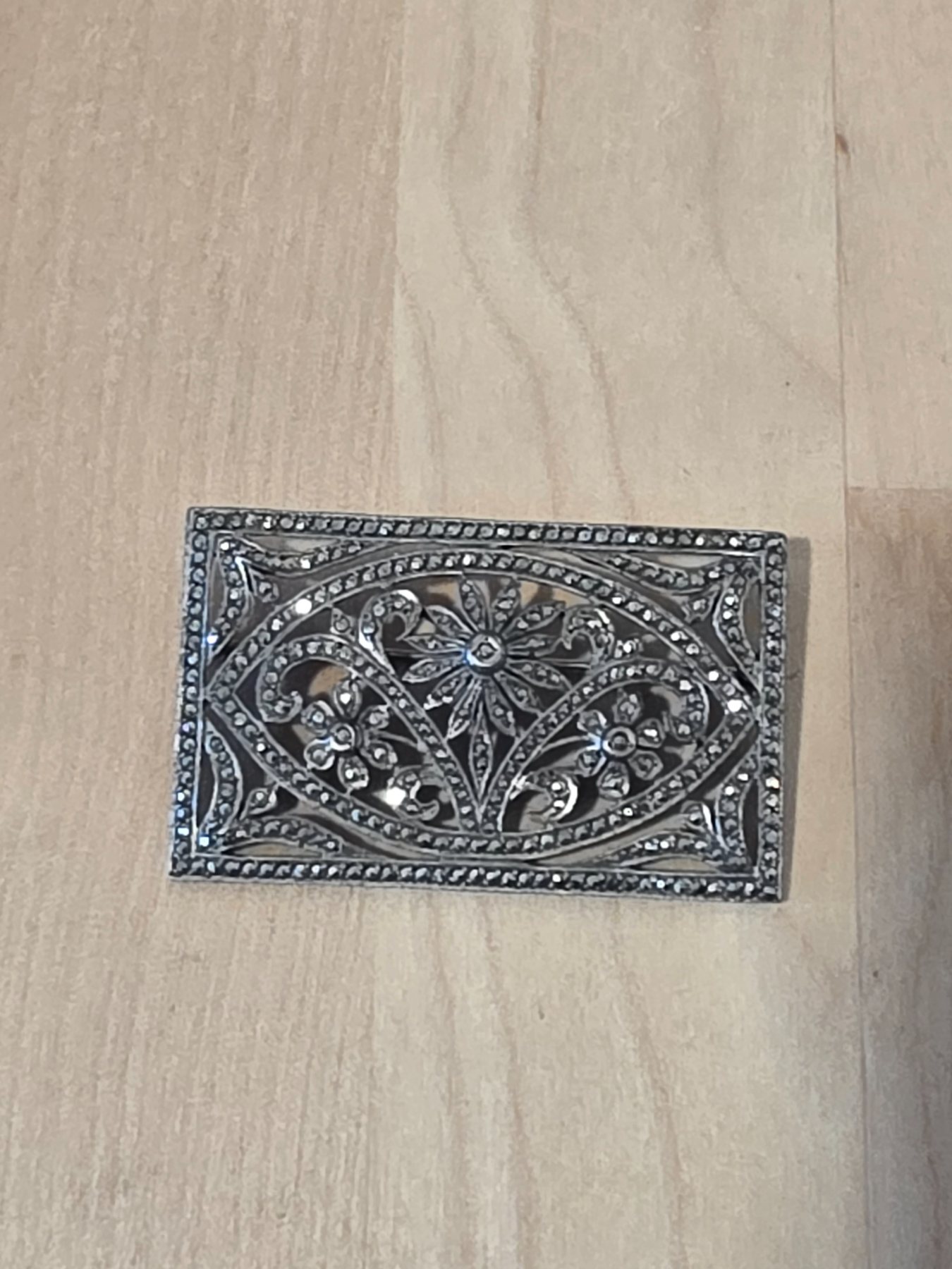Sterling Silver Marcasite Floral Filigree Rectangular Brooch Pin Art Deco Style