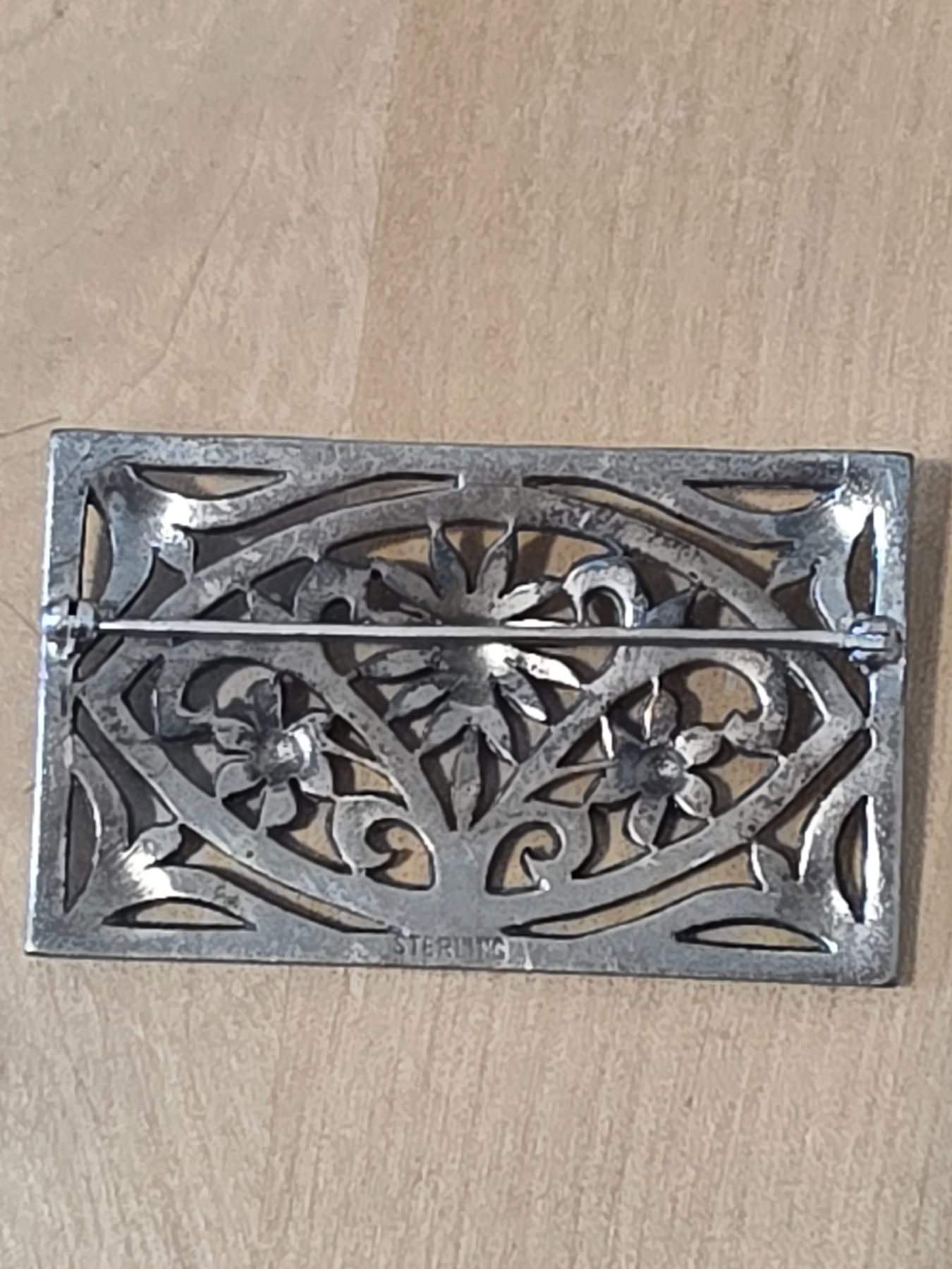 Sterling Silver Marcasite Floral Filigree Rectangular Brooch Pin Art Deco Style - Image 2
