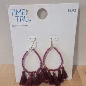 Time and Tru Purple Beaded Teardrop Tassel Dangle Hook Earrings