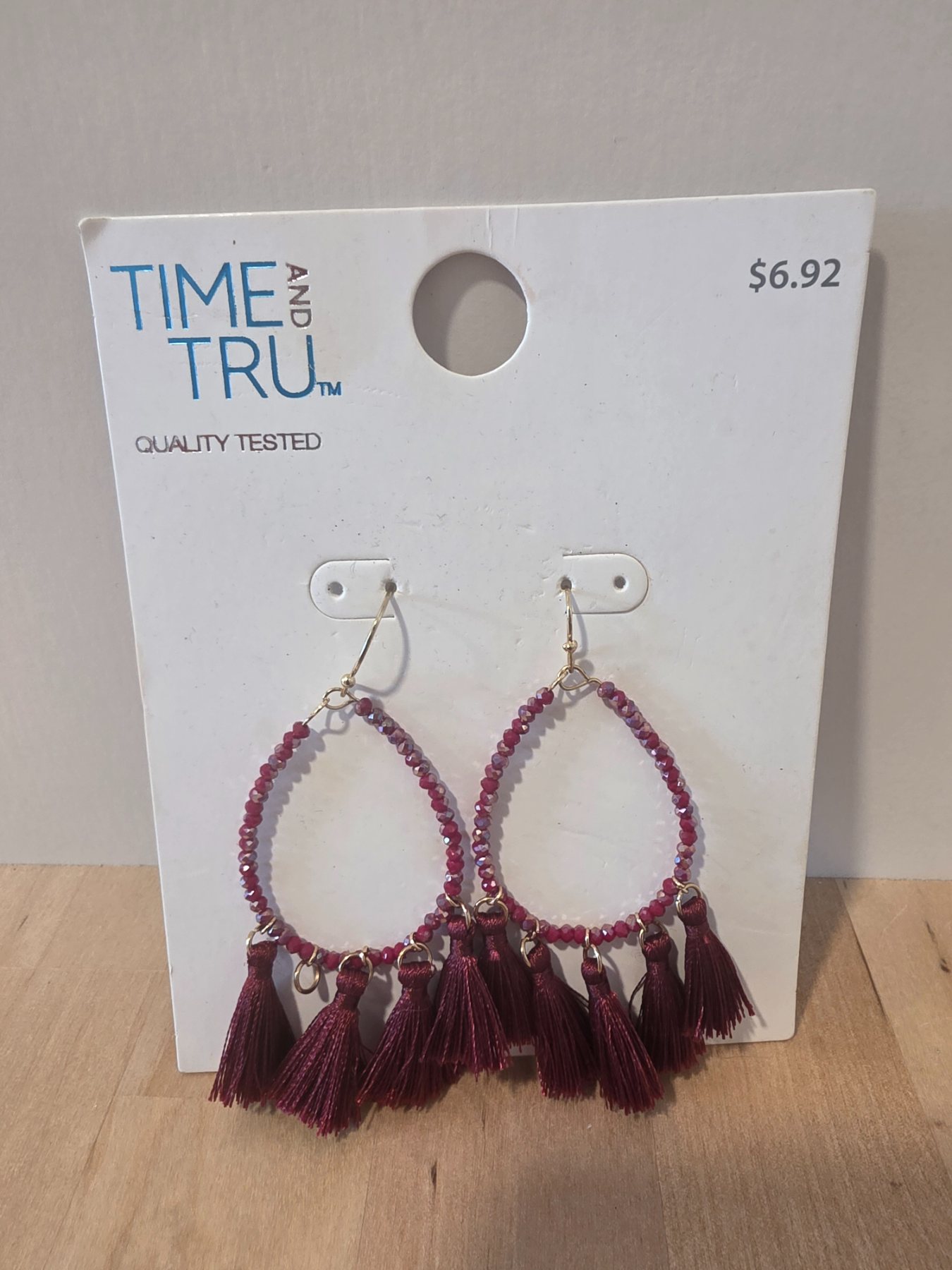 Time and Tru Purple Beaded Teardrop Tassel Dangle Hook Earrings