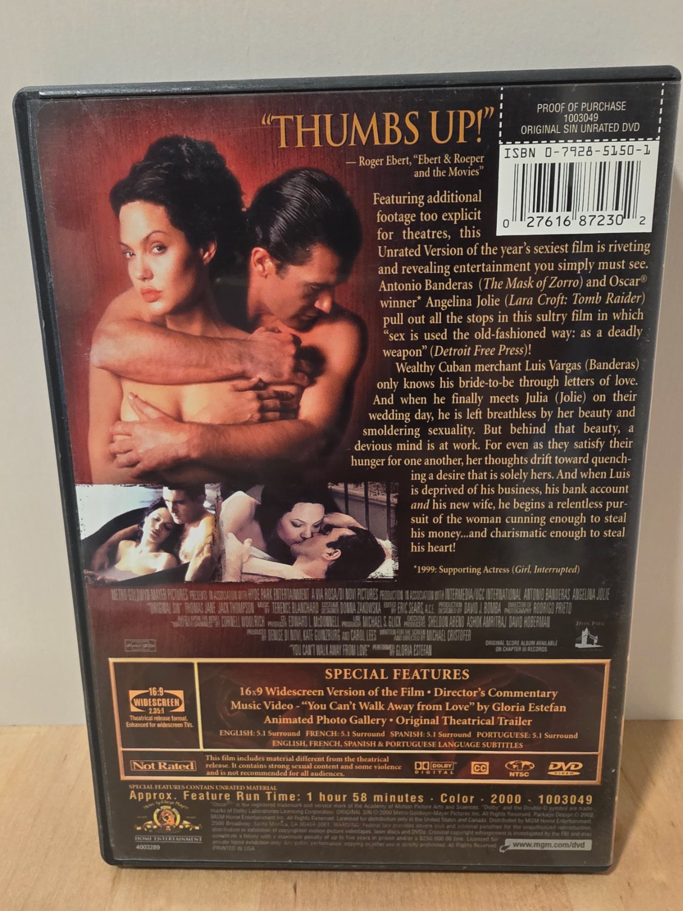 Original Sin Unrated Edition DVD 2000 Angelina Jolie Antonio Banderas - Image 2