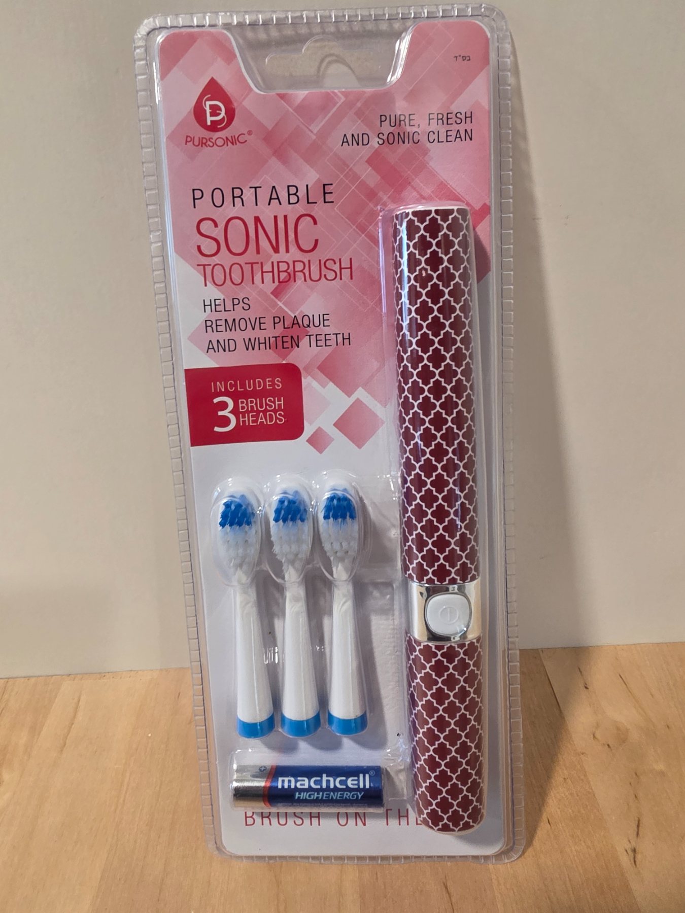 Pursonic Portable Sonic Electric Toothbrush Pink Pattern 3 Brush Heads AAA
