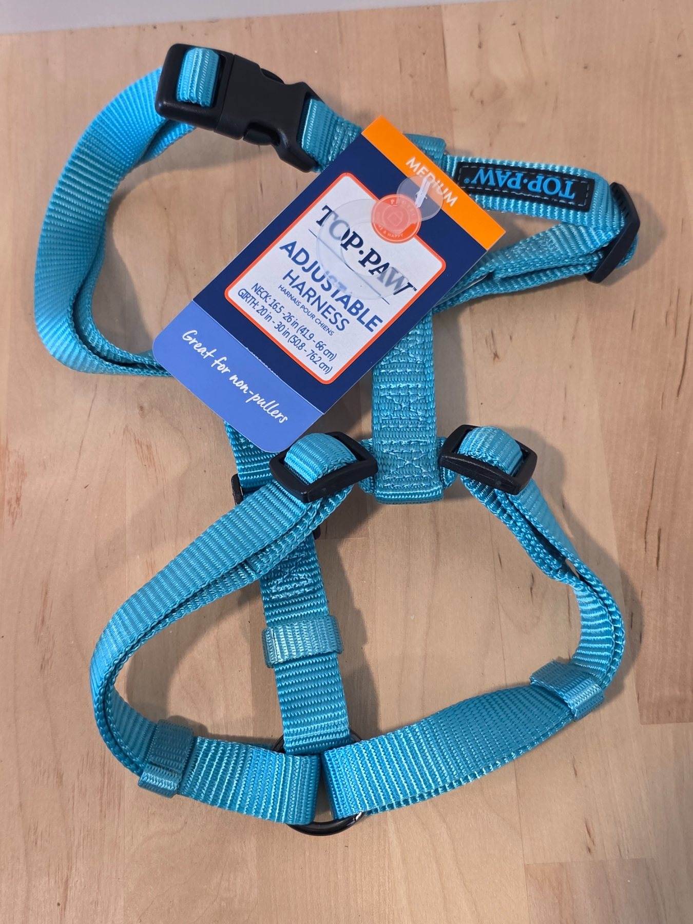 Top Paw Adjustable Dog Harness Medium Aqua Blue Neck 16-26 Girth 20-30