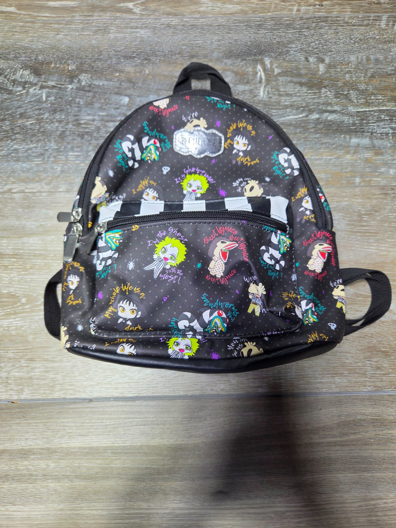 Beetlejuice Chibi Character Print Mini Backpack Black Adjustable Straps