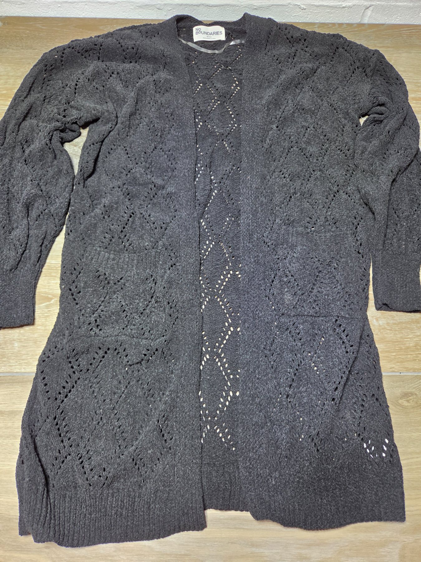 No Boundaries Pointelle Duster Cardigan Women's XS Black Soot